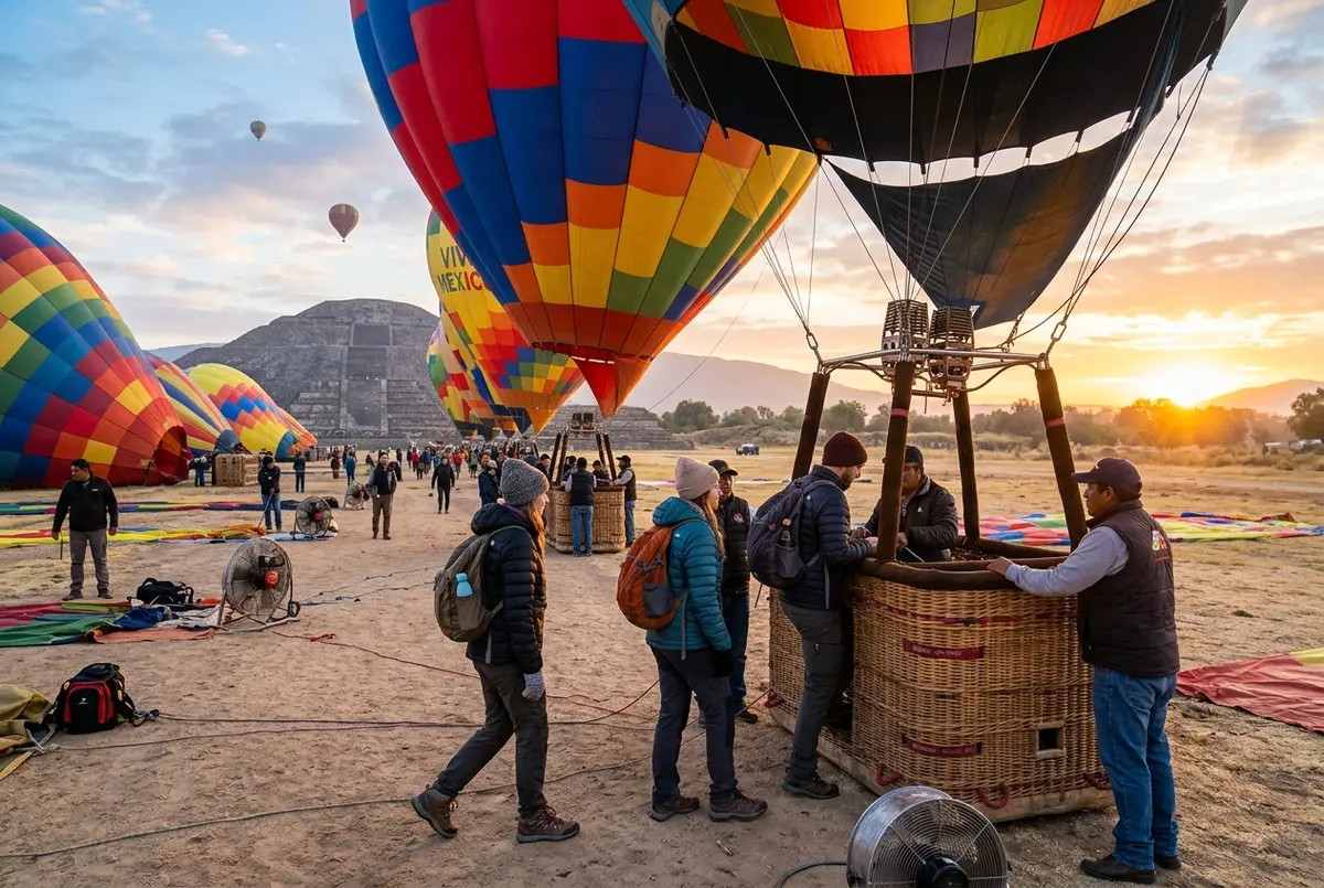 Fila de globos aerostáticos de colores preparándose para despegar cerca de las pirámides de Teotihuacán al amanecer con viajeros abordando