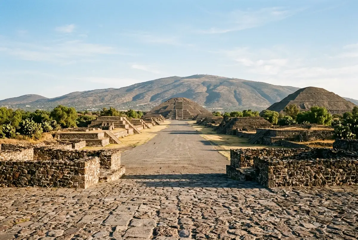 Tramo vacio de la Avenida de los Muertos en Teotihuacan bajo cielos despejados de temporada seca en la luz de la manana temprano