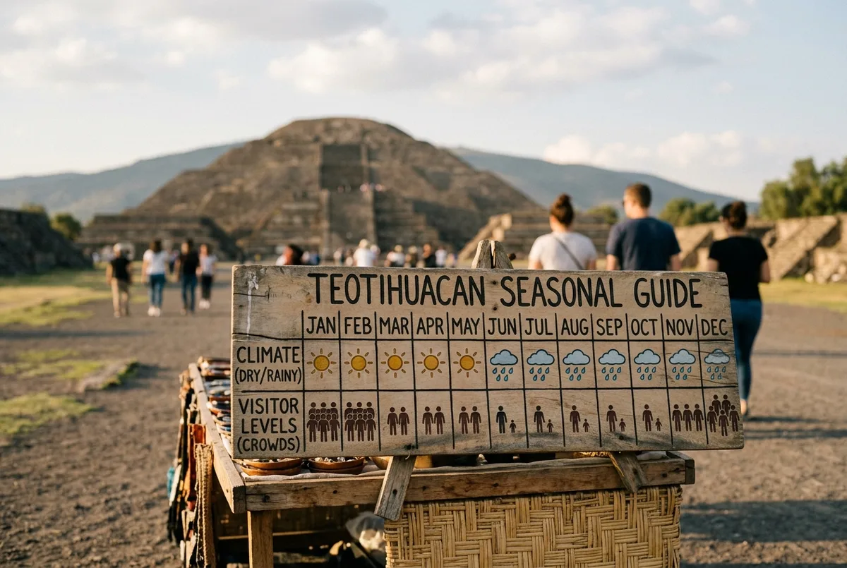 Grafico sencillo comparando meses secos y lluviosos y el nivel relativo de gente en teotihuacan a lo largo del ano, usando etiquetas genericas de mes