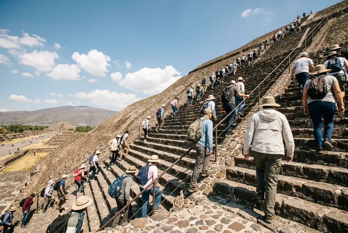 Visitantes subiendo las escaleras de piedra empinadas de la Pirámide del Sol en Teotihuacán bajo el sol brillante del mediodía