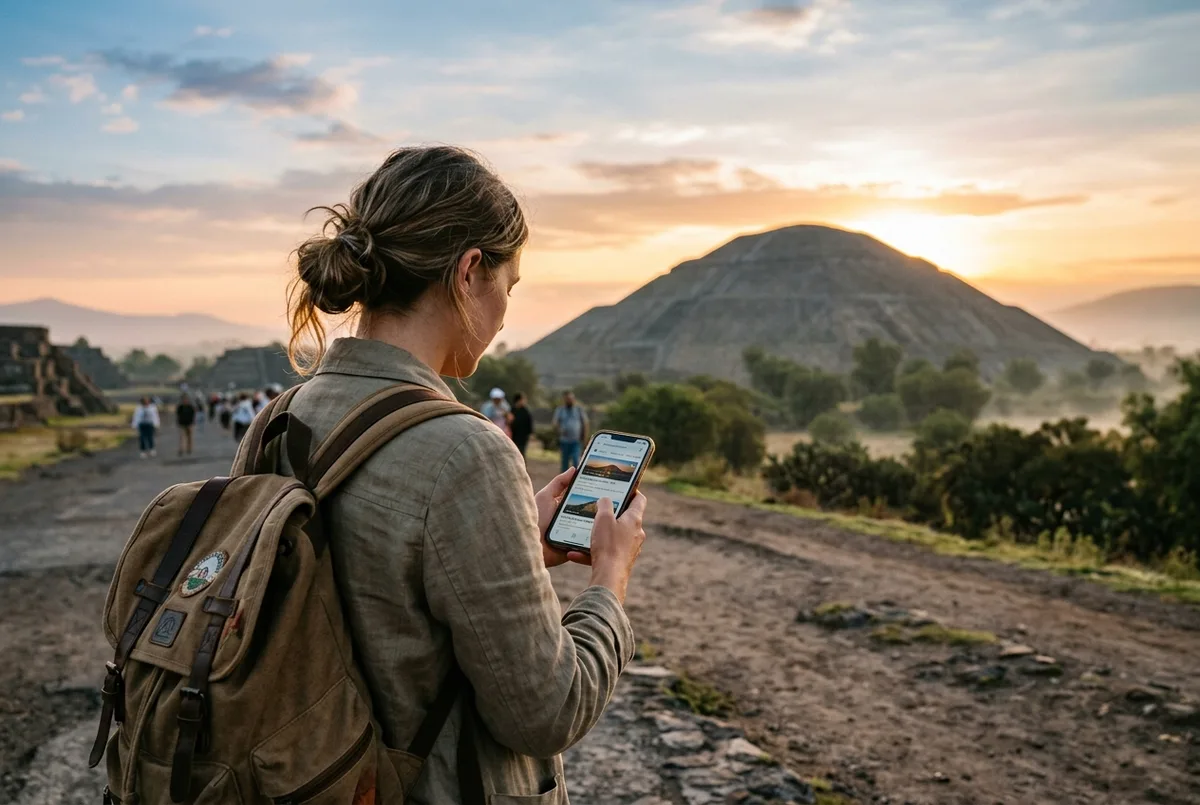 Viajero comparando precios de tours a las piramides de Teotihuacan en un telefono con la Piramide del Sol de fondo al amanecer