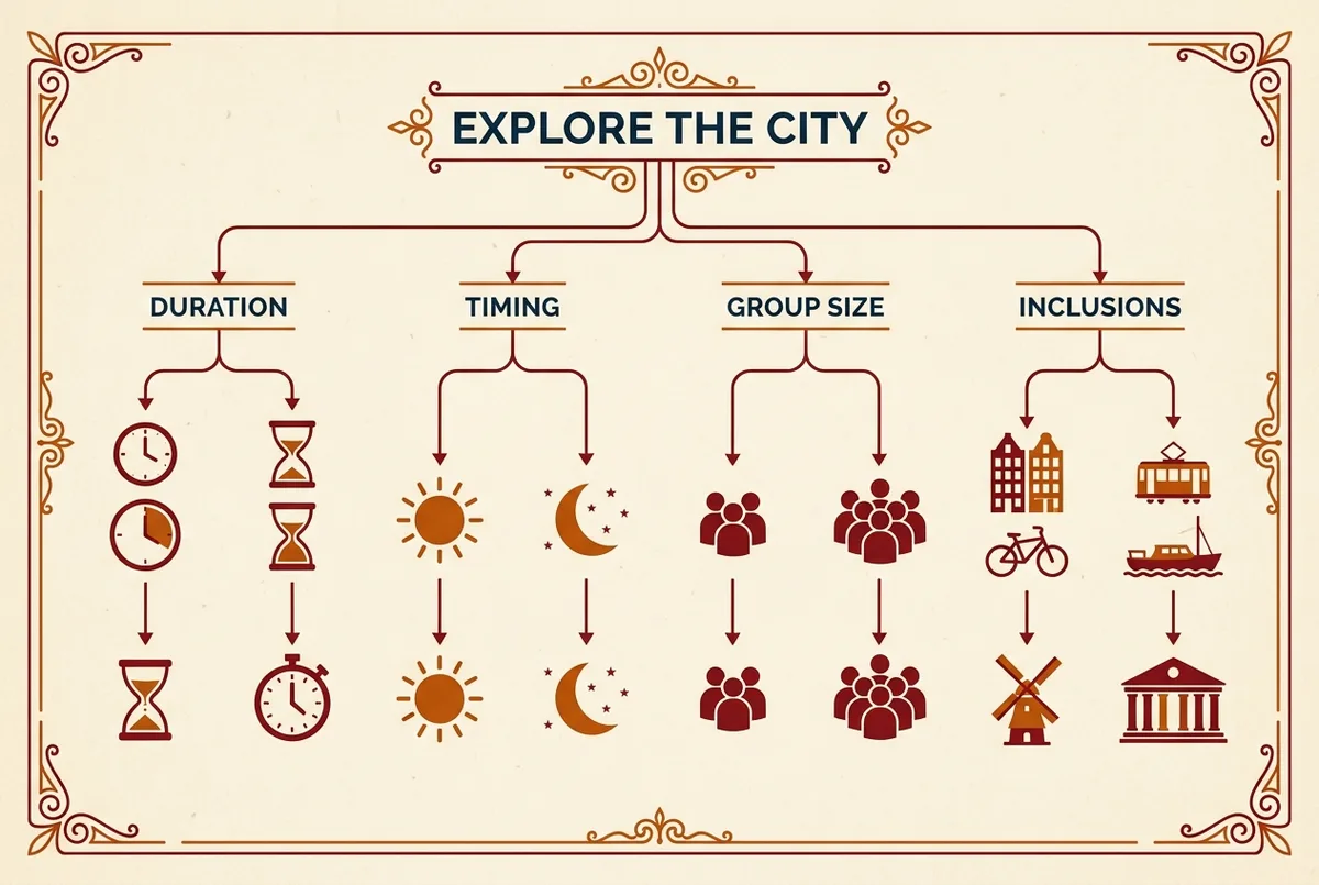Infografía de árbol de decisión con las etiquetas Duración, Horario, Tamaño de Grupo e Incluye, cada una ramificándose en dos opciones, para comparar el precio de un tour a las piramides de teotihuacan