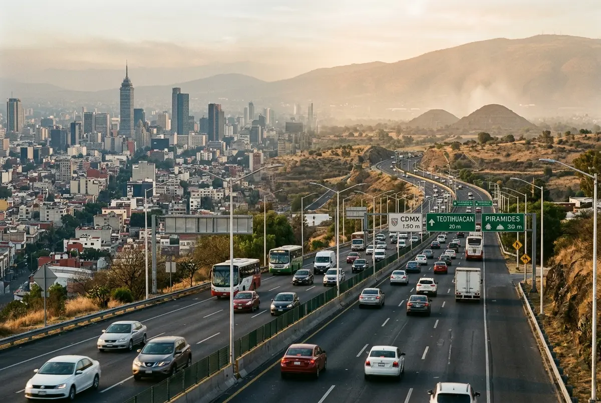 Vista de carretera con el horizonte de la Ciudad de México quedando atrás y las pirámides de Teotihuacán apenas visibles entre la neblina más adelante