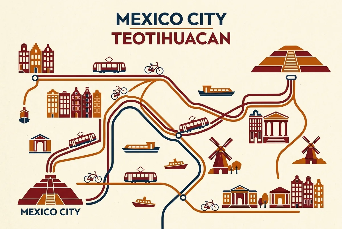 infografía tipo mapa mostrando la ruta entre la Ciudad de México y Teotihuacán con iconos genéricos de carretera, distancia y tiempo