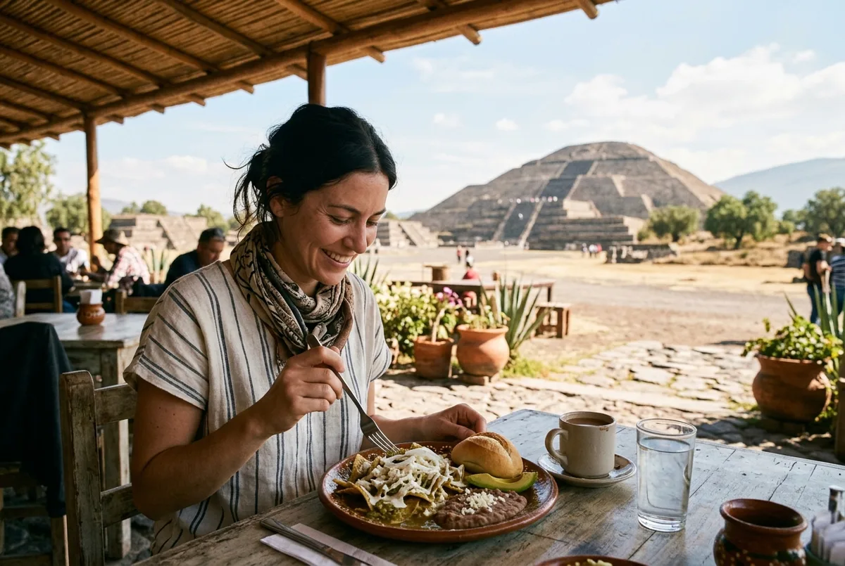 Viajero disfrutando un desayuno mexicano en una mesa al aire libre cerca de las pirámides de Teotihuacán con la Pirámide del Sol de fondo, ilustrando dónde comer cerca de Teotihuacán
