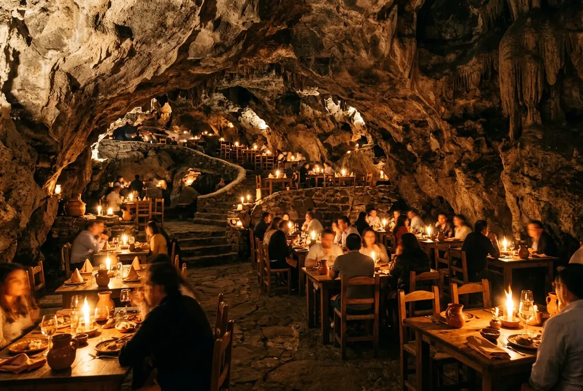 interior calido del restaurante La Gruta cerca de Teotihuacan con mesas iluminadas con velas bajo un techo natural de roca