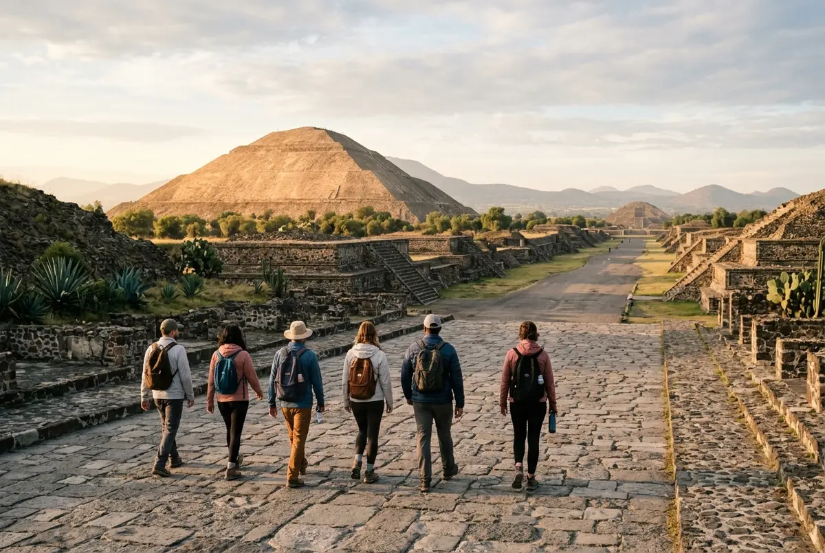 Pequeño grupo de viajeros caminando por la Avenida de los Muertos hacia la Pirámide del Sol en un tour piramides de teotihuacan al amanecer