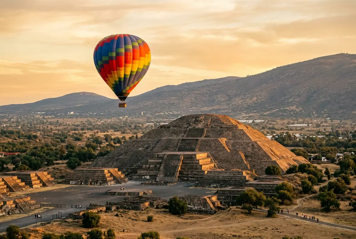 Globo aerostático de colores flotando sobre la Pirámide del Sol en Teotihuacán bajo la luz dorada del amanecer