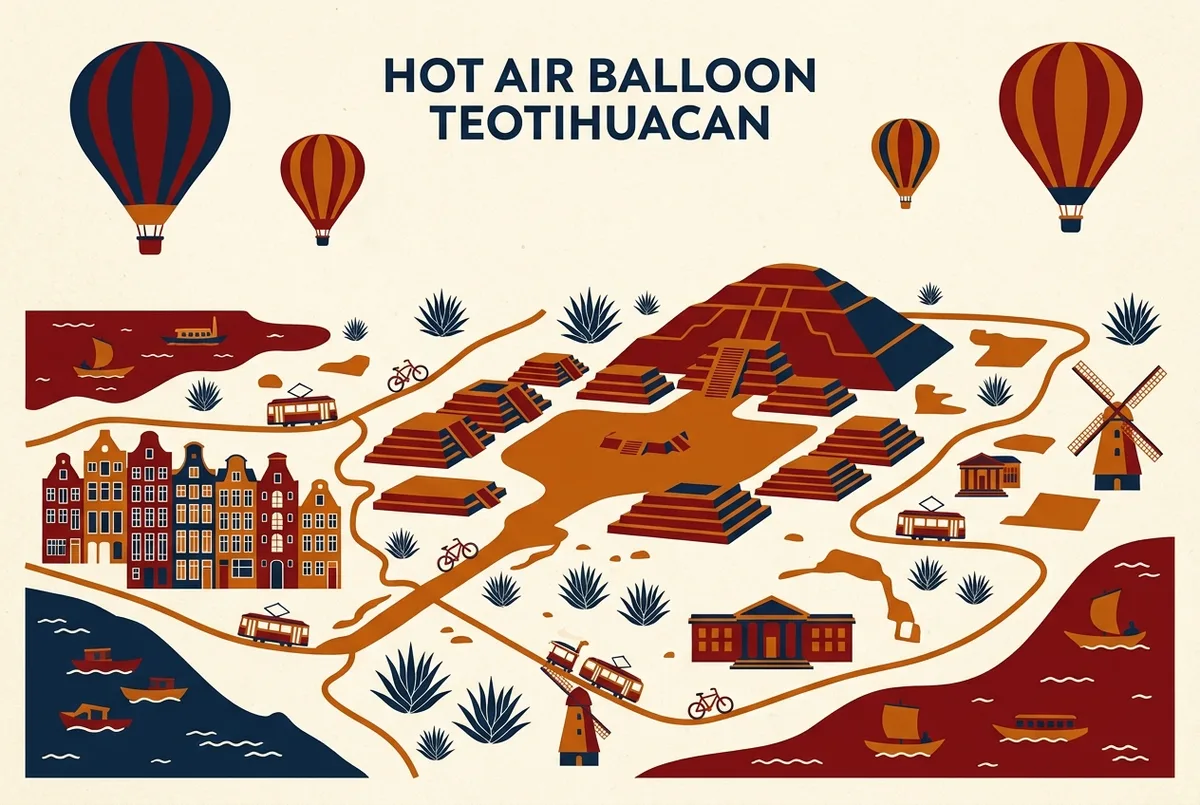 mapa ilustrado de la ruta de vuelo en globo sobre las piramides de teotihuacan mostrando la Piramide del Sol, la Piramide de la Luna y la Avenida de los Muertos