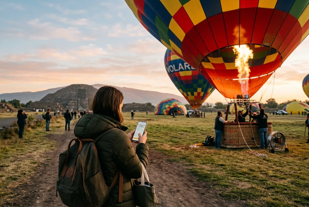 Viajero revisando en su teléfono los precios del tour en globo sobre Teotihuacán junto a un globo aerostático inflándose al amanecer