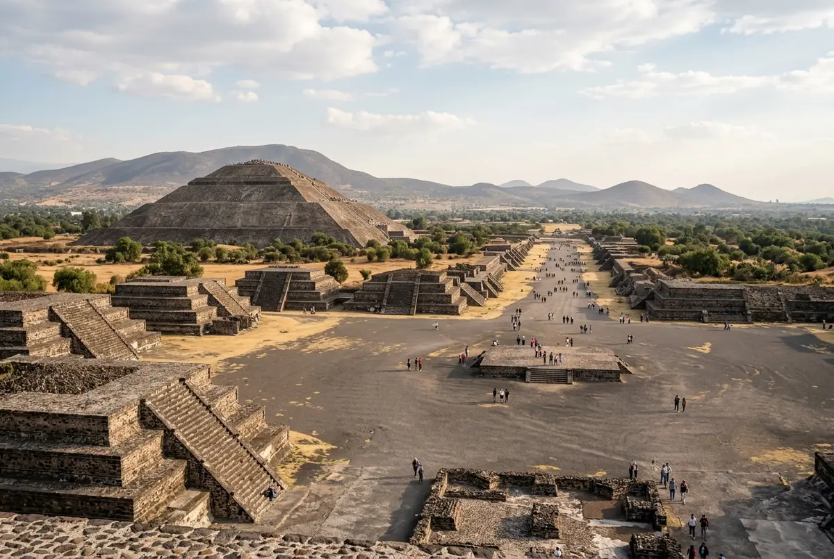 Vista elevada de la Avenida de los Muertos en Teotihuacán mostrando la Pirámide del Sol y plataformas menores a los lados, ilustrando cuántas pirámides hay en Teotihuacán