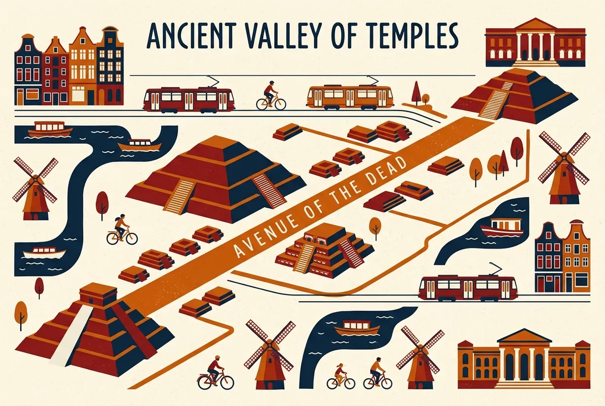 diagrama simple señalando la Piramide del Sol, la Piramide de la Luna y el Templo de la Serpiente Emplumada posicionados a lo largo de la Avenida de los Muertos en Teotihuacan