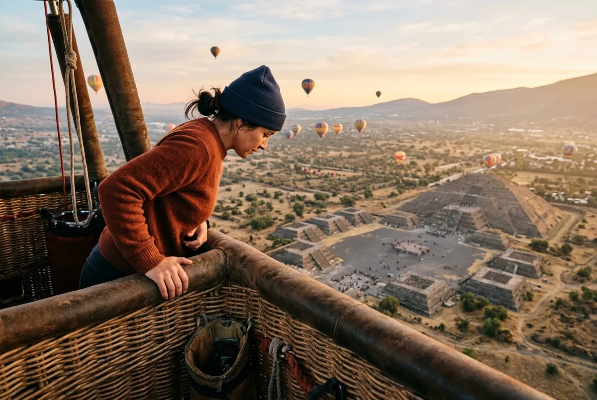 Viajero mirando pensativo desde la canastilla de un globo aerostático hacia las pirámides de Teotihuacán, evaluando si vale la pena el vuelo al amanecer