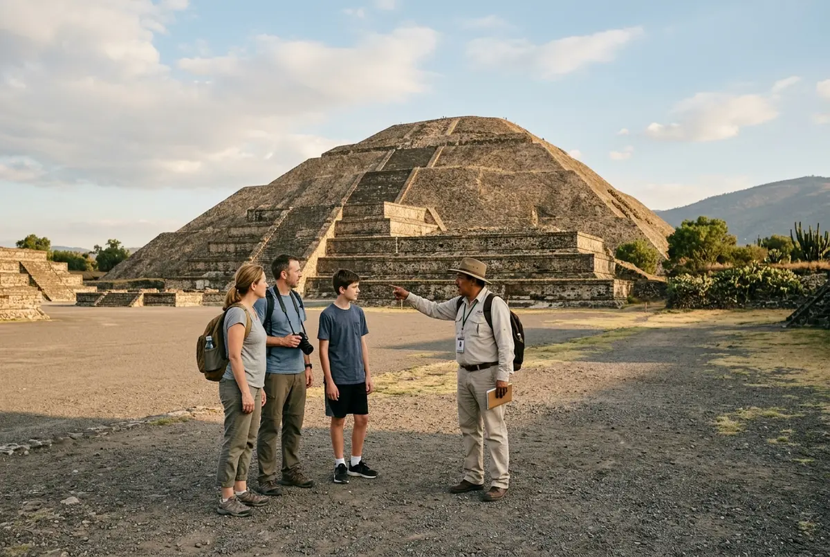 Guia privado y viajero conversando junto a un vehiculo exclusivo antes de un tour privado teotihuacan al amanecer