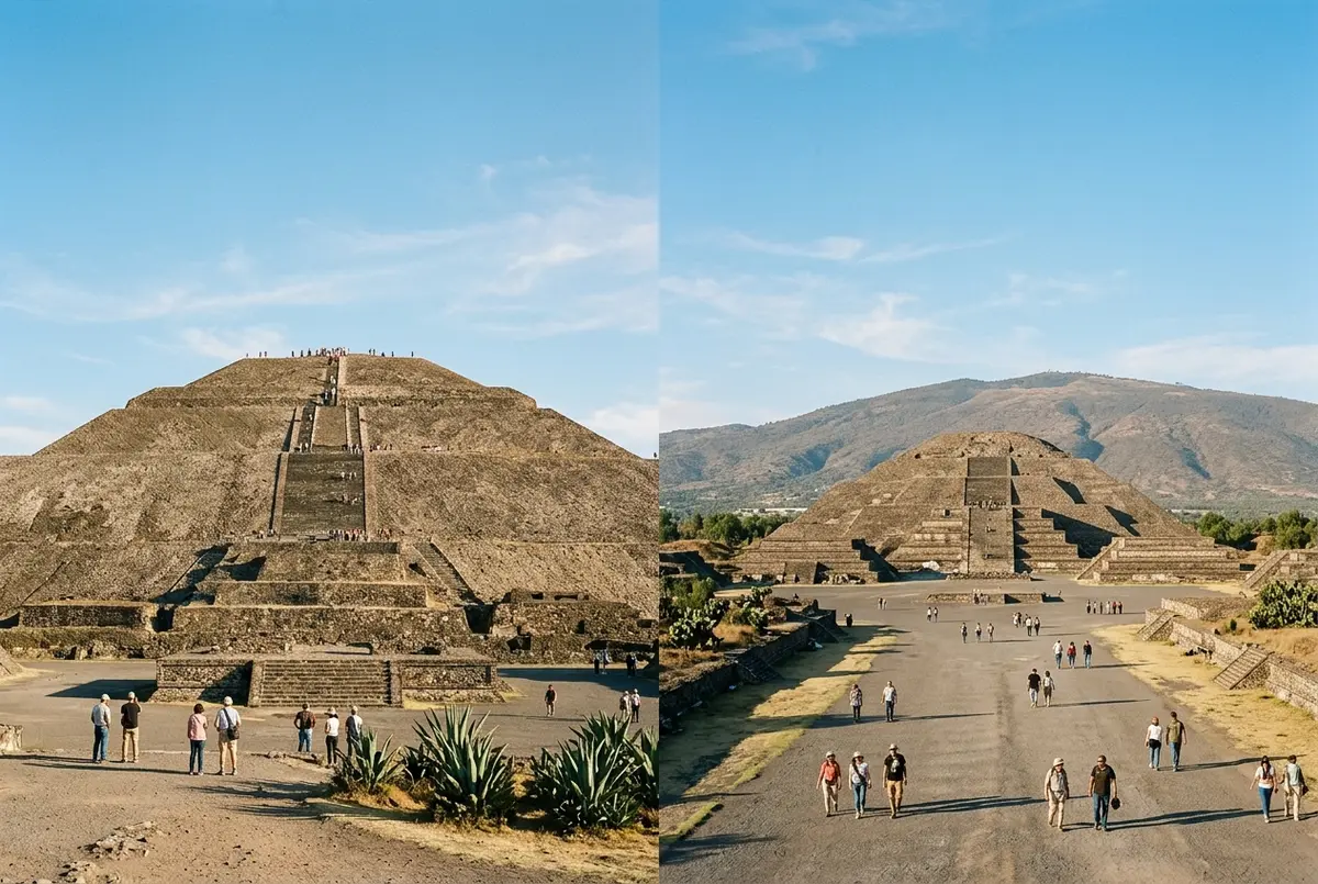 Vista dividida comparando la enorme Pirámide del Sol con la más pequeña Pirámide de la Luna en Teotihuacán bajo un cielo despejado