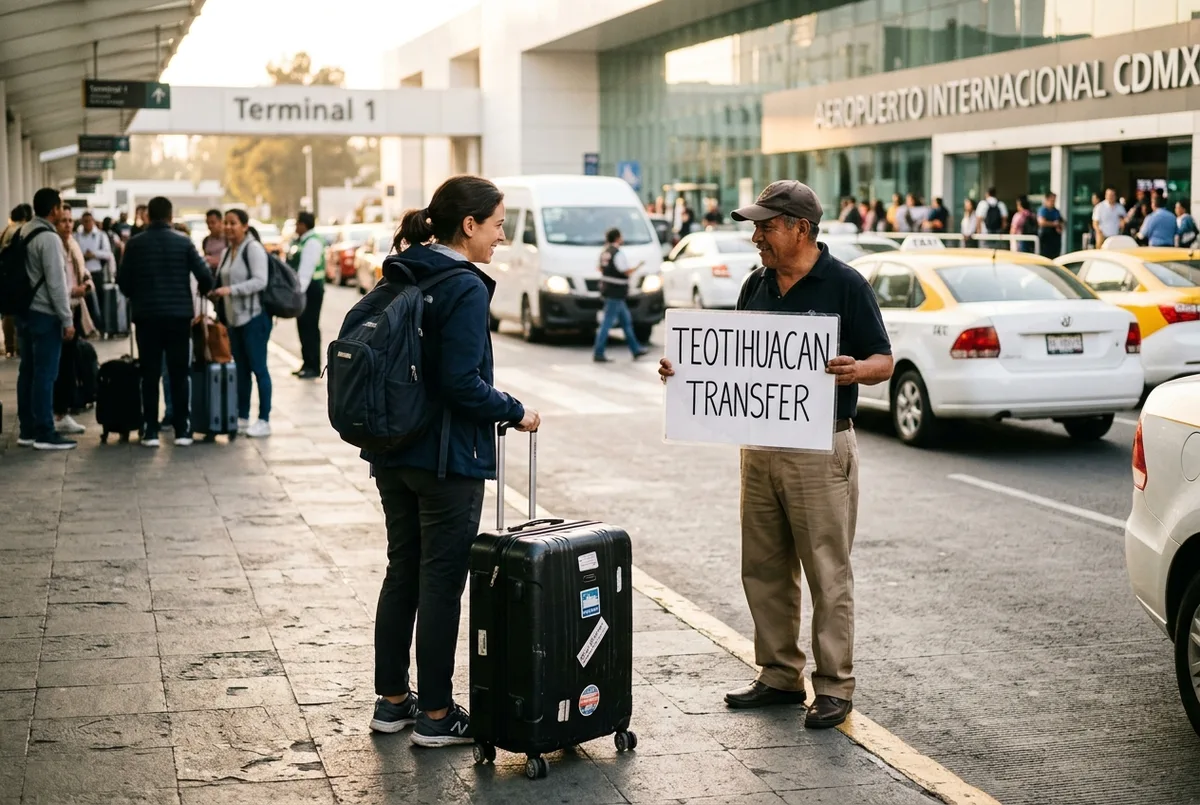 Viajero con una maleta de mano recibido por un chofer con un letrero afuera del aeropuerto de la Ciudad de México antes de un tour a teotihuacan desde el aeropuerto