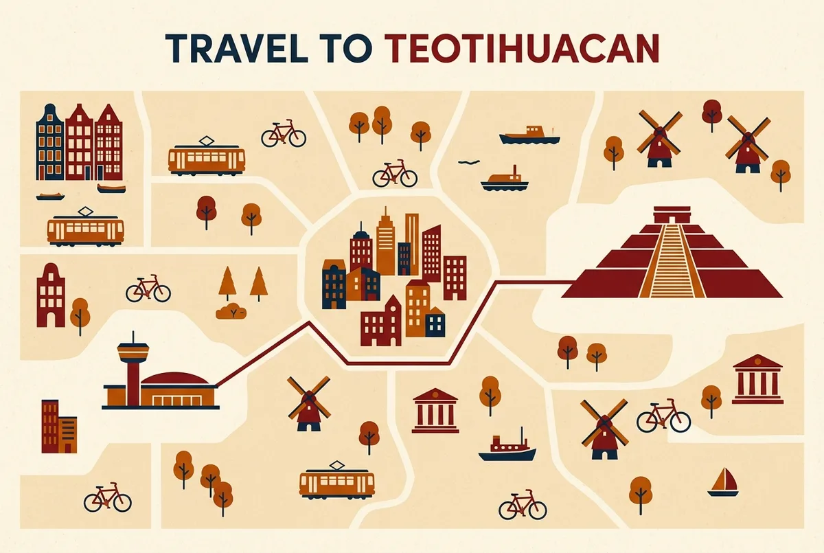 mapa de ruta simple mostrando una terminal aerea conectada por una linea directa hasta la zona arqueologica de teotihuacan sin pasar por el centro de la ciudad de mexico