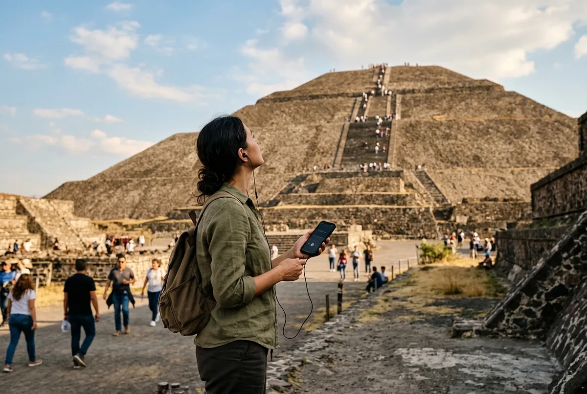 Viajero escuchando una audioguía de las pirámides de Teotihuacán con audífonos mientras observa la Pirámide del Sol con el celular en la mano