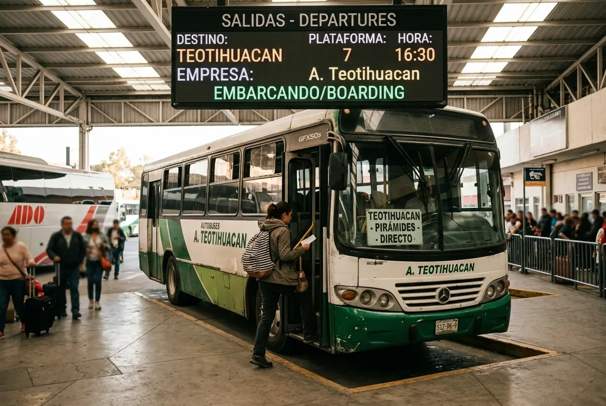 Viajero comprando boletos de autobus teotihuacan en un mostrador de la Terminal Central del Norte con un letrero de Autobuses Teotihuacan al fondo