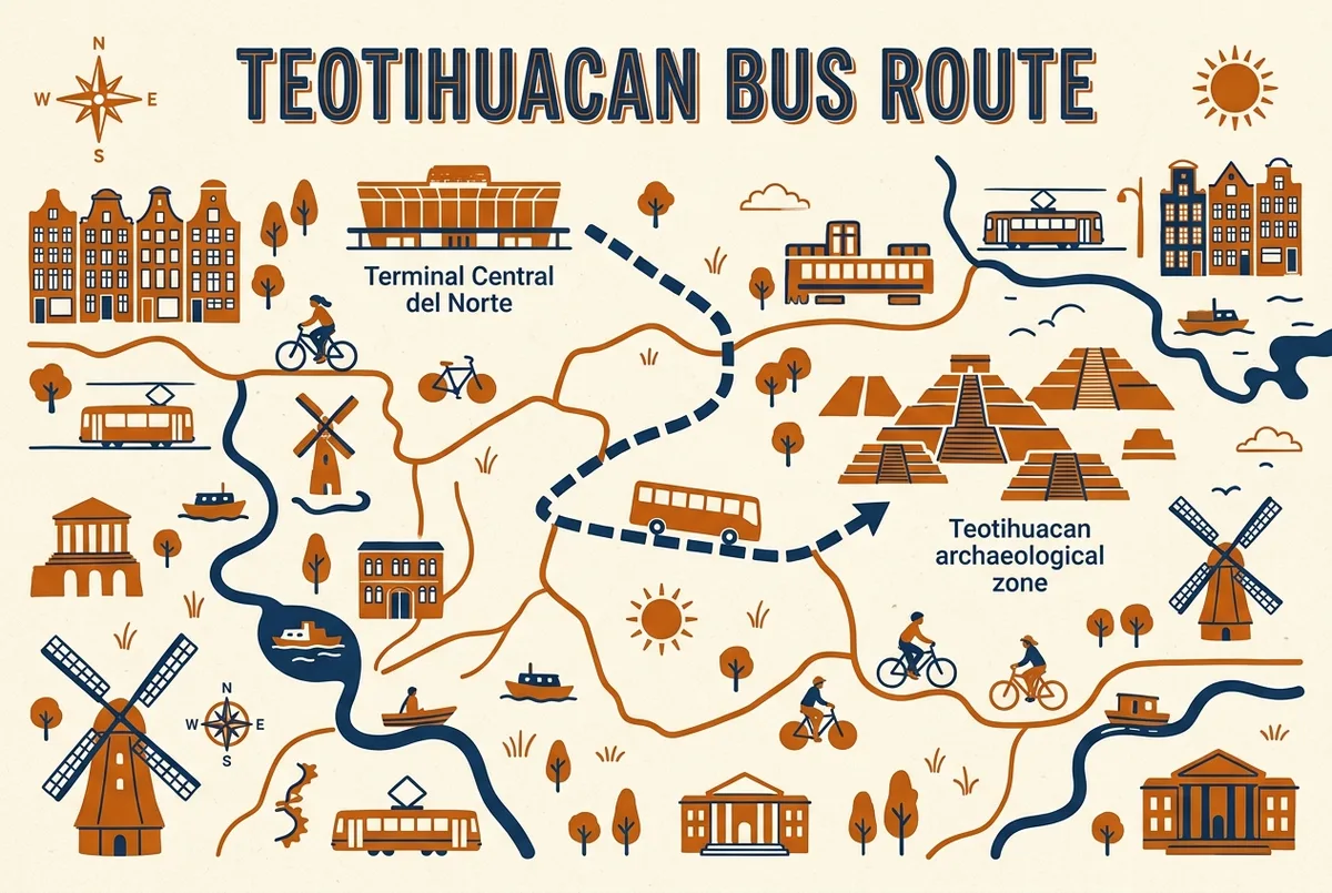 mapa de ruta simple mostrando la Terminal Central del Norte conectada por una línea de autobus a teotihuacan hasta la zona arqueológica con iconos genéricos de terminal y piramides
