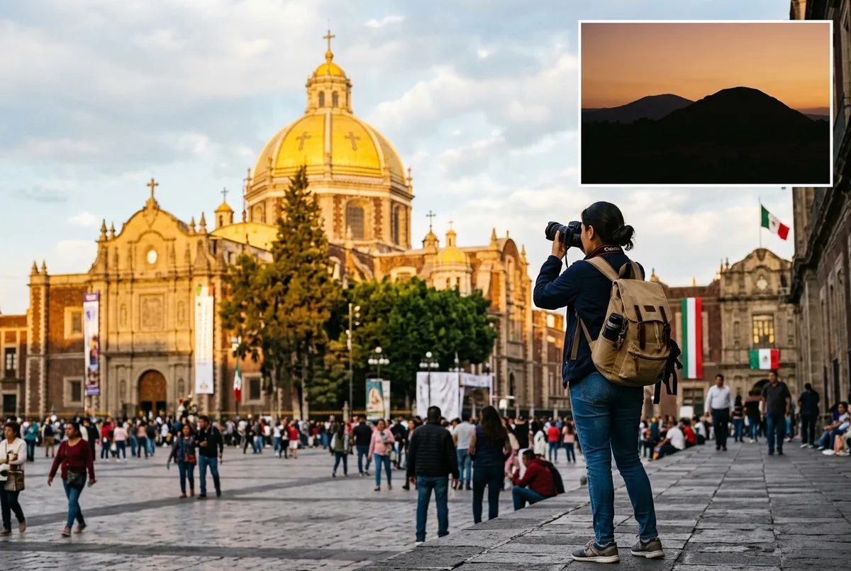 Viajero fotografiando la cúpula dorada de la Basílica de Guadalupe con la silueta de las pirámides de Teotihuacán superpuesta, ilustrando un tour piramides de teotihuacan y basilica de guadalupe