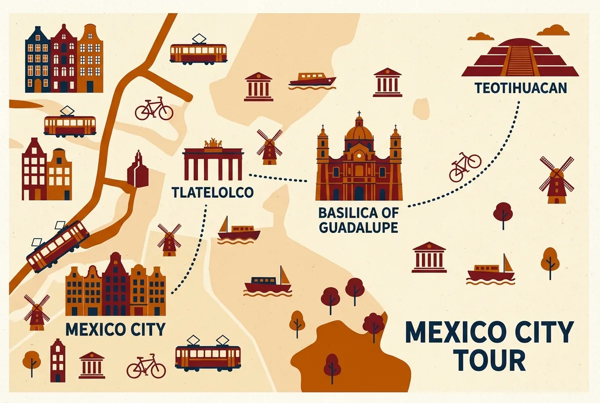 infografía tipo mapa de ruta mostrando la Ciudad de México, Tlatelolco, la Basílica de Guadalupe y Teotihuacán conectados por una línea de viaje punteada, ilustrando un tour piramides de teotihuacan y basilica de guadalupe