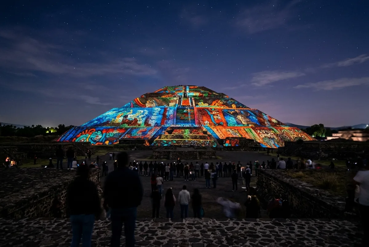 Proyección de luces de colores iluminando la Pirámide del Sol en Teotihuacán contra un cielo nocturno oscuro