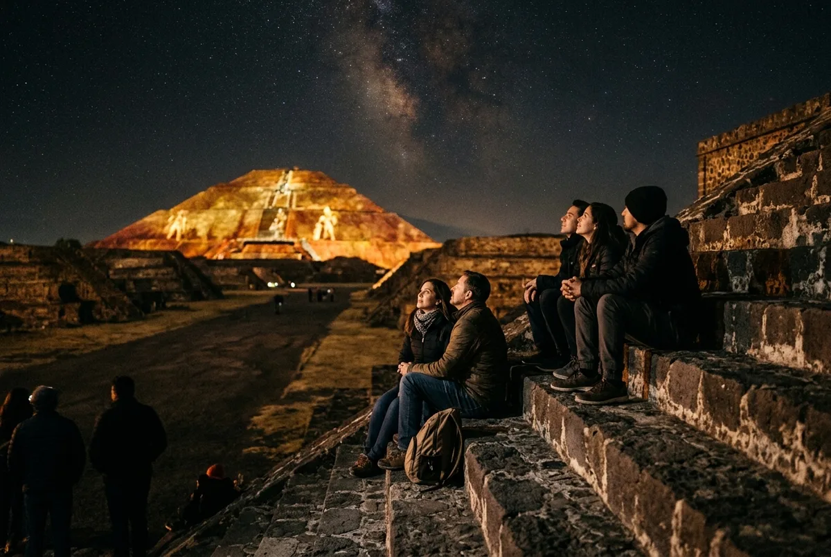 Grupo pequeño de visitantes sentados en la Avenida de los Muertos en Teotihuacán viendo una narración de luces nocturna bajo un cielo estrellado