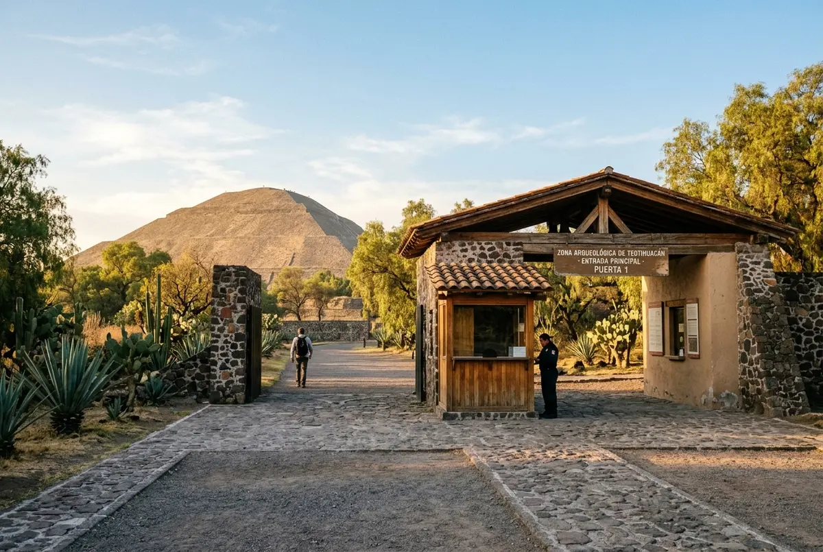 Puerta de entrada a la zona arqueologica de Teotihuacan poco despues de abrir, con luz de madrugada y sin multitudes en la taquilla