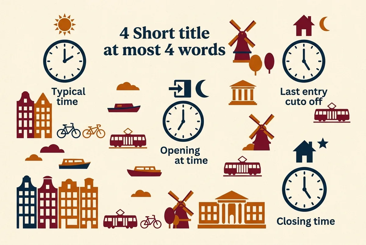 Infografia sencilla de horario diario mostrando la hora tipica de apertura, el corte de ultima entrada y la hora de cierre de las piramides de teotihuacan con iconos genericos de reloj