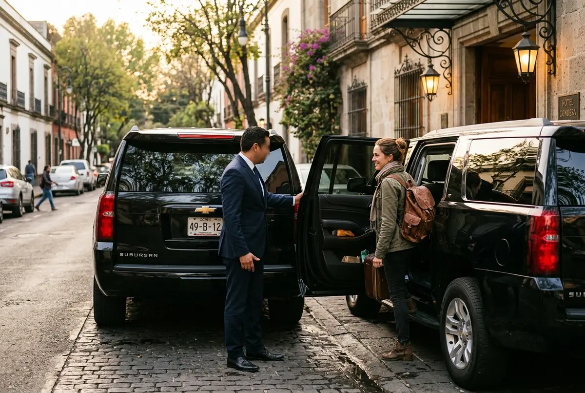 Chofer privado abriendo la puerta de un auto para un viajero afuera de un hotel de la Ciudad de México antes de una salida temprana rumbo a teotihuacan