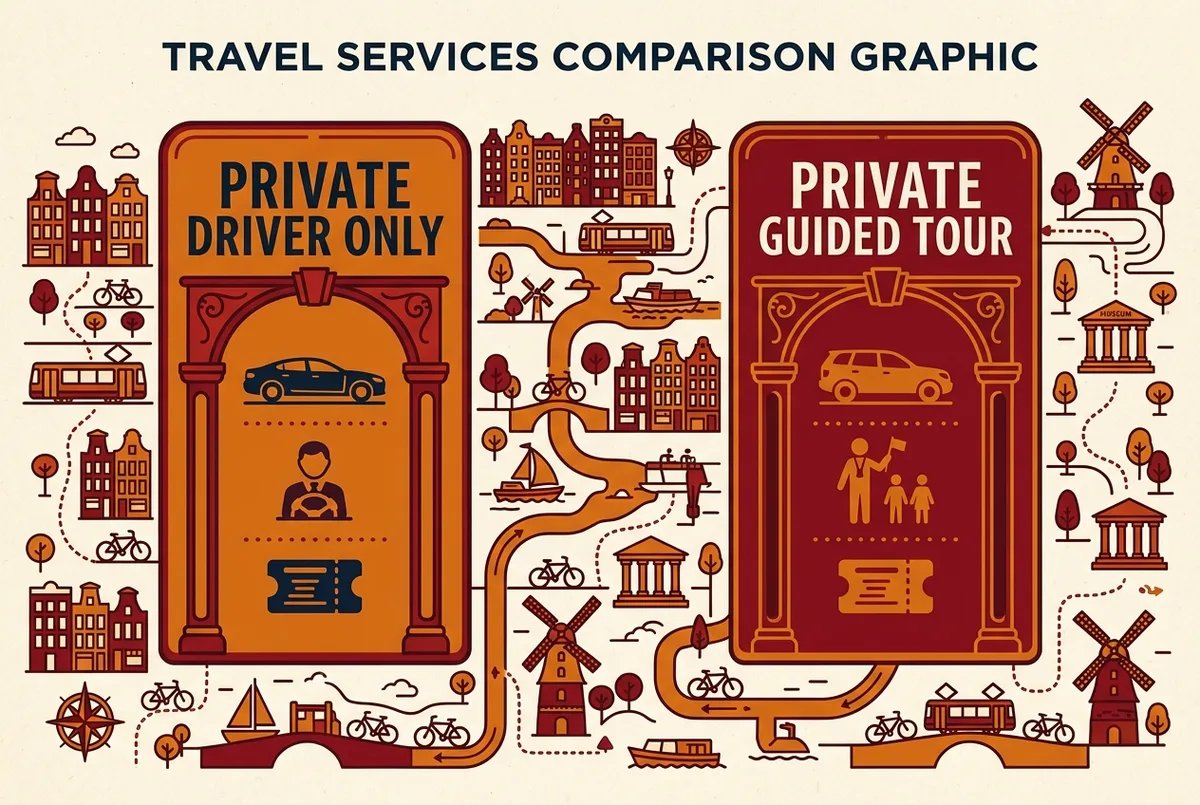 infografía comparando transporte privado a teotihuacan solo chofer contra tour privado guiado con iconos genericos de auto, guia y boleto