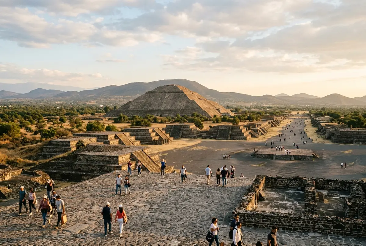 Vista amplia de la Pirámide del Sol elevándose sobre la Avenida de los Muertos en Teotihuacán bajo luz cálida de atardecer, mostrando la escala monumental de la historia de las pirámides de Teotihuacán