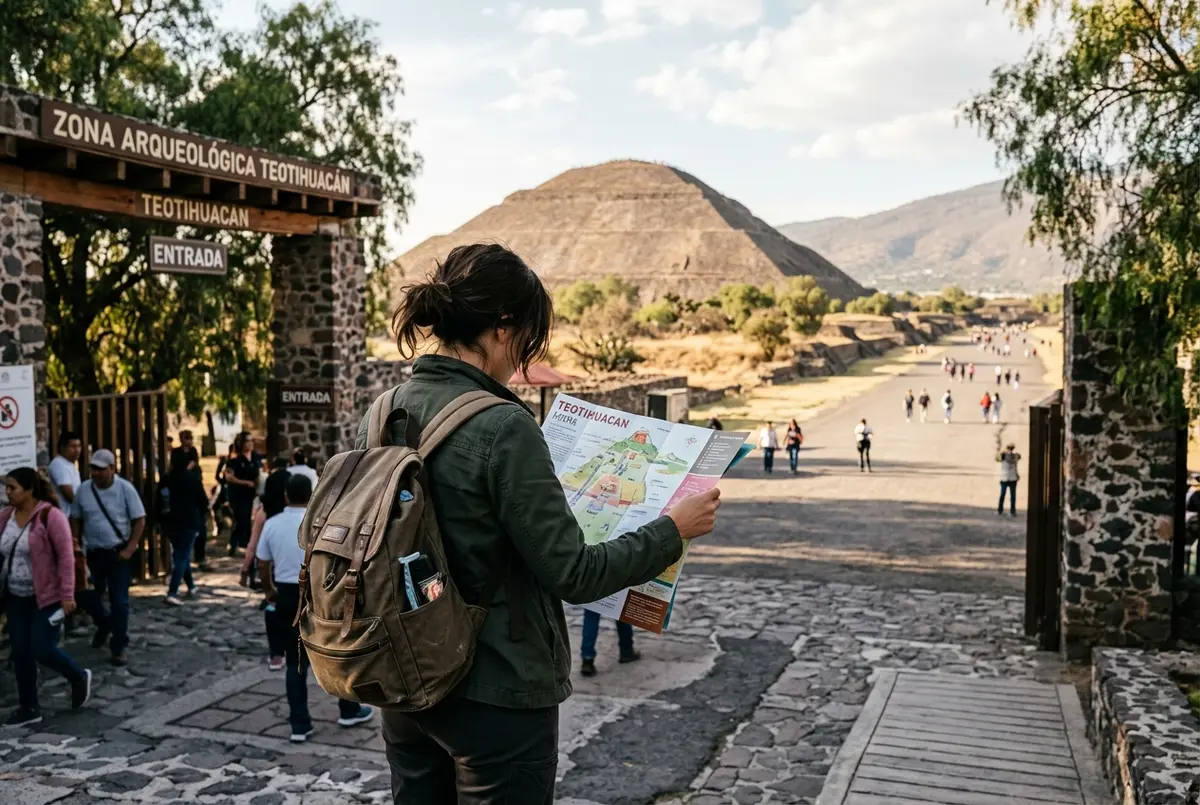 Viajero independiente revisando un mapa en papel en la puerta de entrada a Teotihuacan con la Piramide del Sol visible al fondo