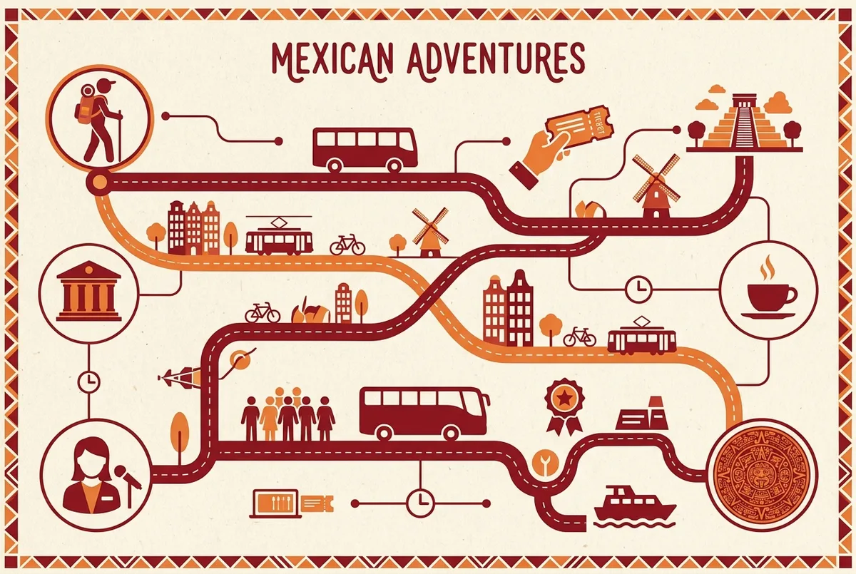 Infografia sencilla comparando el costo y tiempo de un dia por tu cuenta en teotihuacan contra un tour guiado, usando etiquetas genericas para autobus, boleto y tour
