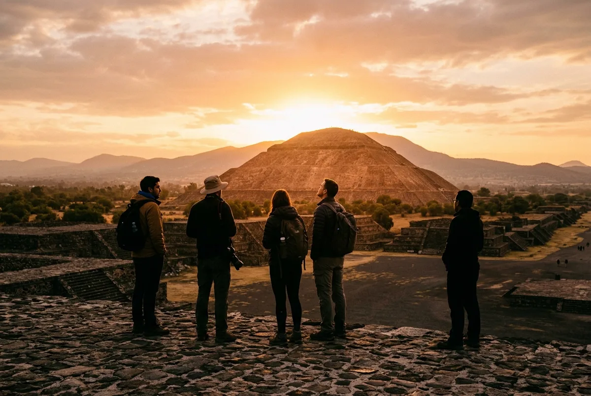 Viajeros subiendo la Piramide del Sol temprano en la mañana durante la mejor hora para visitar teotihuacan