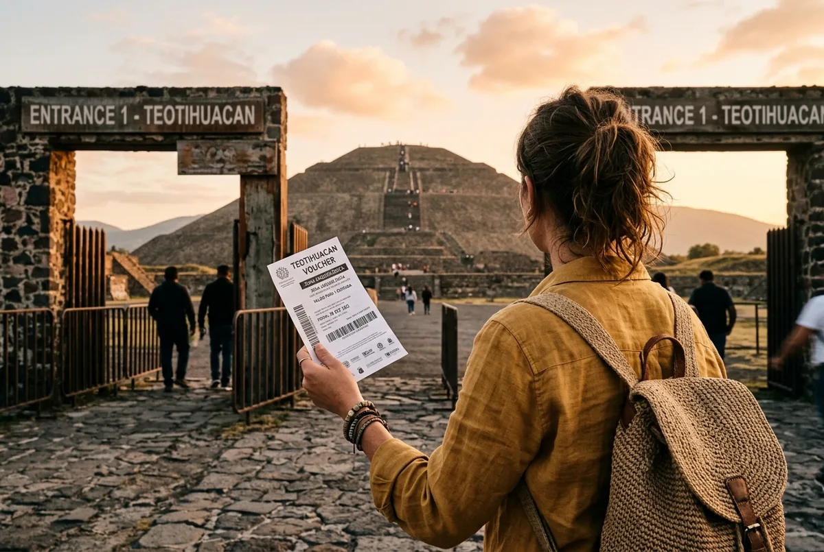 Viajero mostrando su boleto para Teotihuacán en la puerta de entrada con la Pirámide del Sol al fondo en la luz de la mañana
