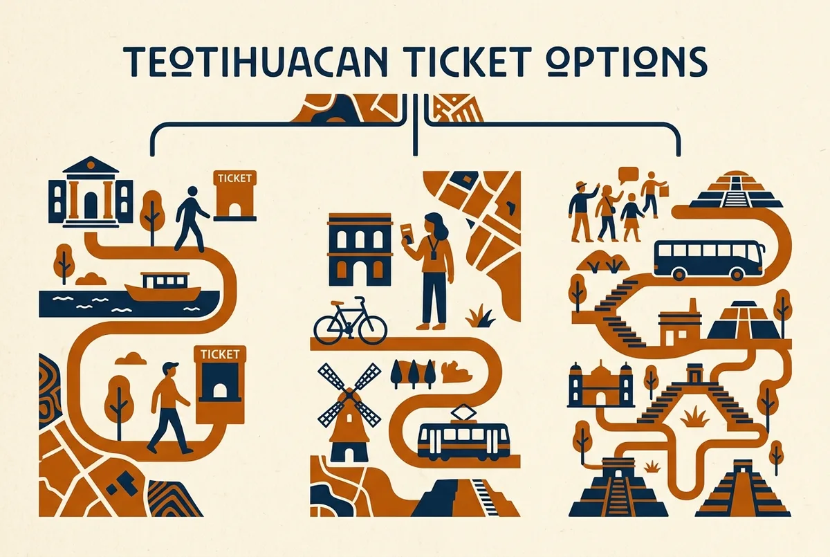 Infografía comparando tres formas de comprar boletos para Teotihuacán etiquetadas Boleto en Taquilla, Tour Guiado y Tour Completo, en un esquema simple de decisión