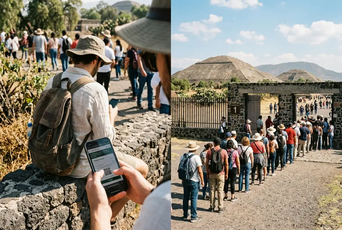 Escena dividida de un viajero reservando teotihuacan boletos online desde su celular junto a una fila física formándose en la puerta de entrada del sitio