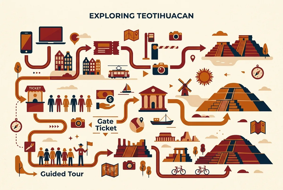 Infografía comparando las rutas de compra Boleto en Línea, Boleto en Taquilla y Tour Guiado para Teotihuacán con etiquetas genéricas de cada paso
