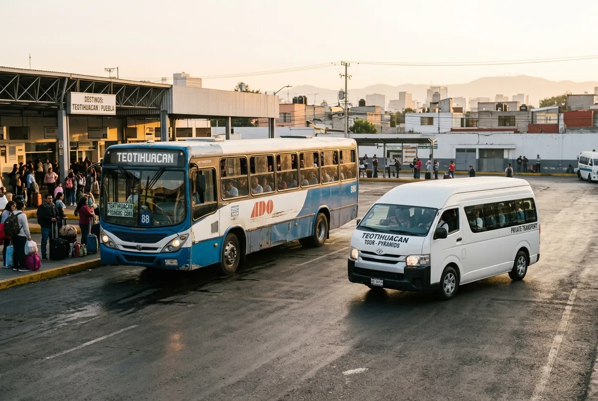 Autobús público y una van privada saliendo ambos de una terminal en la Ciudad de México rumbo a las pirámides de Teotihuacán en la luz de la mañana