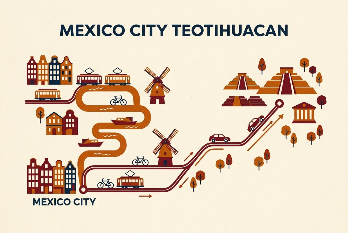 Mapa de ruta simple mostrando la Ciudad de México conectada con Teotihuacán con íconos genéricos marcando la terminal de autobuses, la ruta en auto y la zona arqueológica