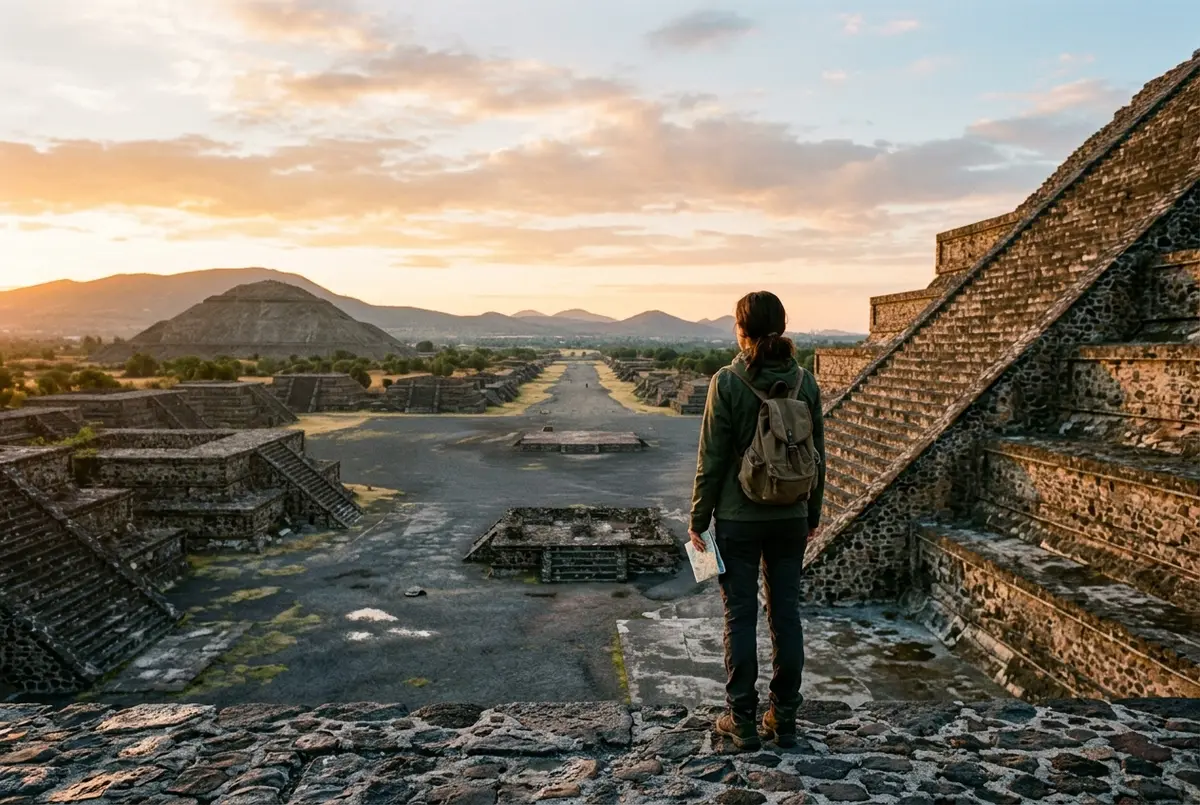 Viajero de pie frente a la Piramide del Sol mirando hacia la Avenida de los Muertos al amanecer, ilustrando una primera visita a Teotihuacan