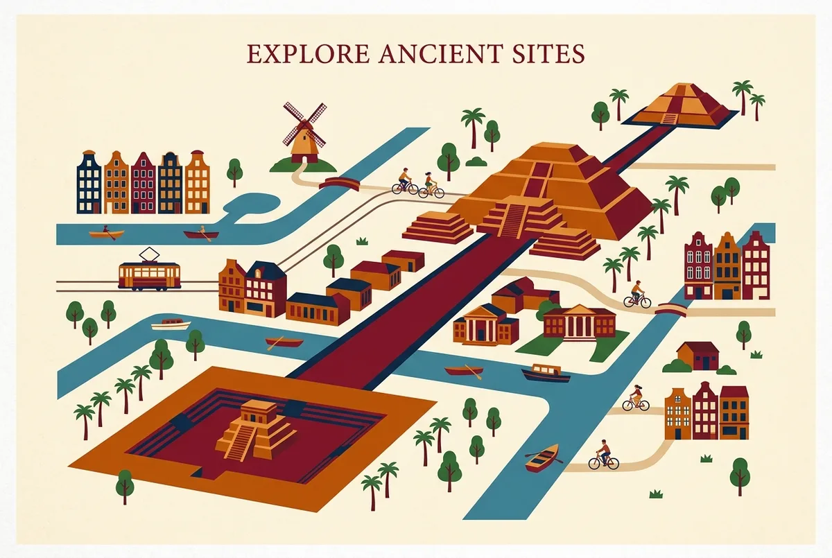 Mapa sencillo de Teotihuacan mostrando la Avenida de los Muertos entre la Ciudadela, la Piramide del Sol y la Piramide de la Luna, etiquetado para orientar a un visitante primerizo