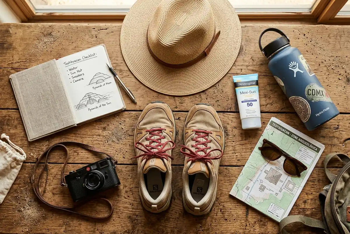 Viajero con sombrero, mochila pequeña y calzado comodo listo para caminar en un tour a las piramides de teotihuacan